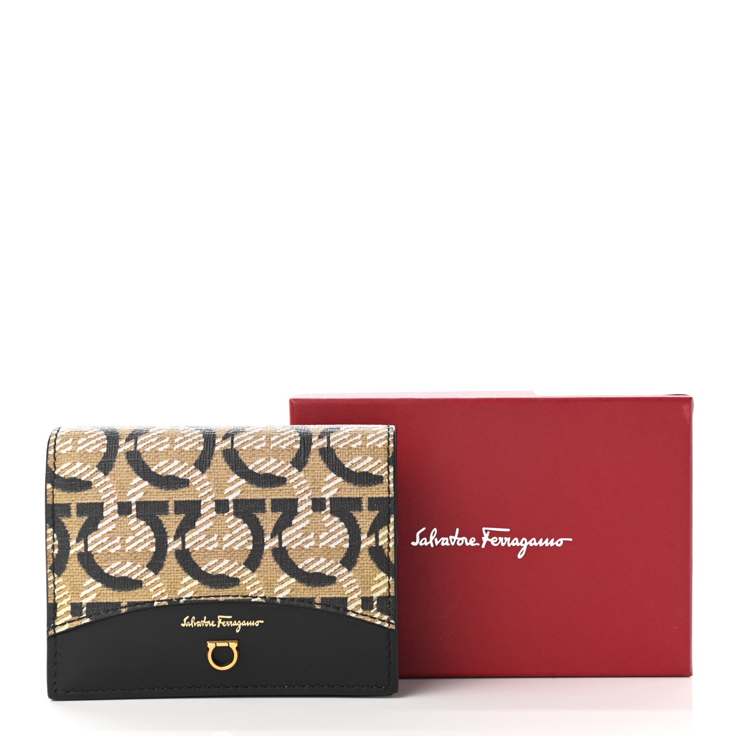 Salvatore Ferragamo Canvas Calfskin Gancini Card Holder Wallet Black Beige 8 of 8