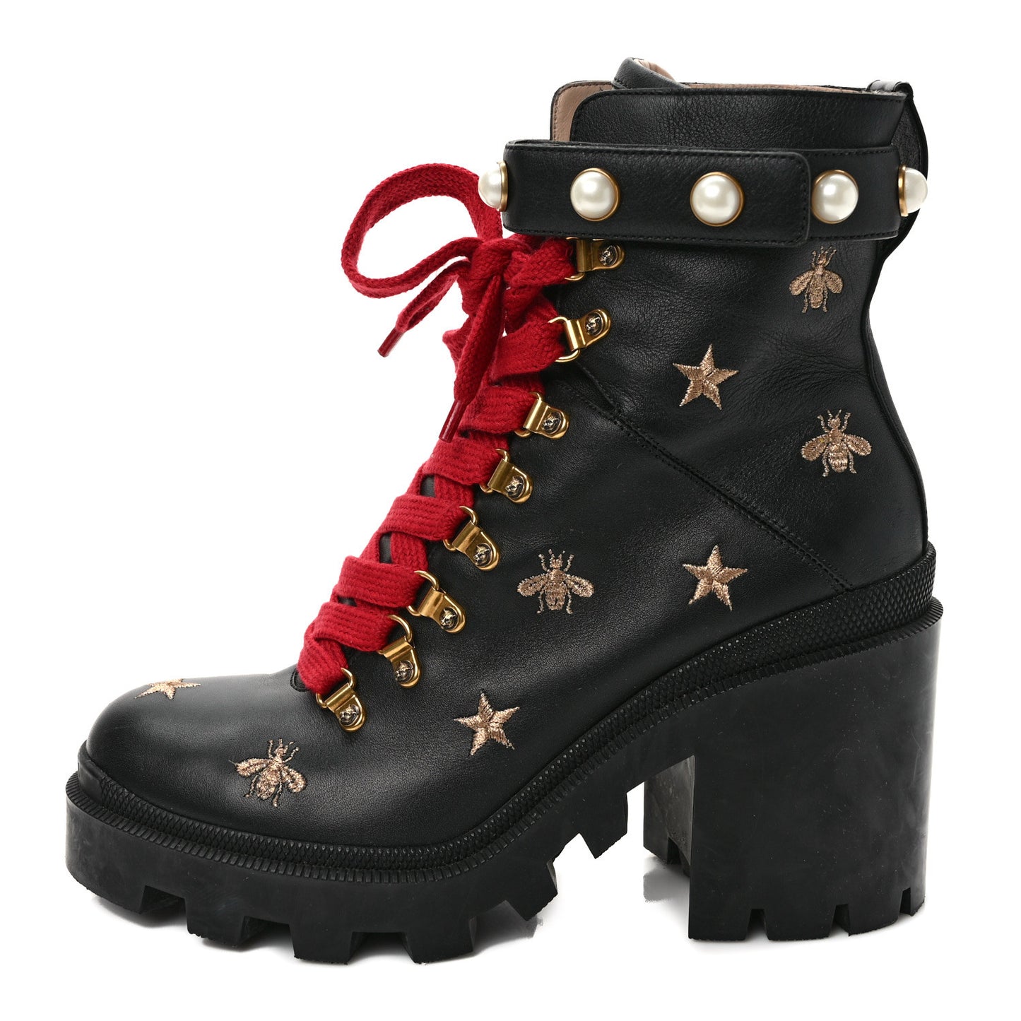 Calfskin Embroidered Lace Up Combat Ankle Boots 40 Black