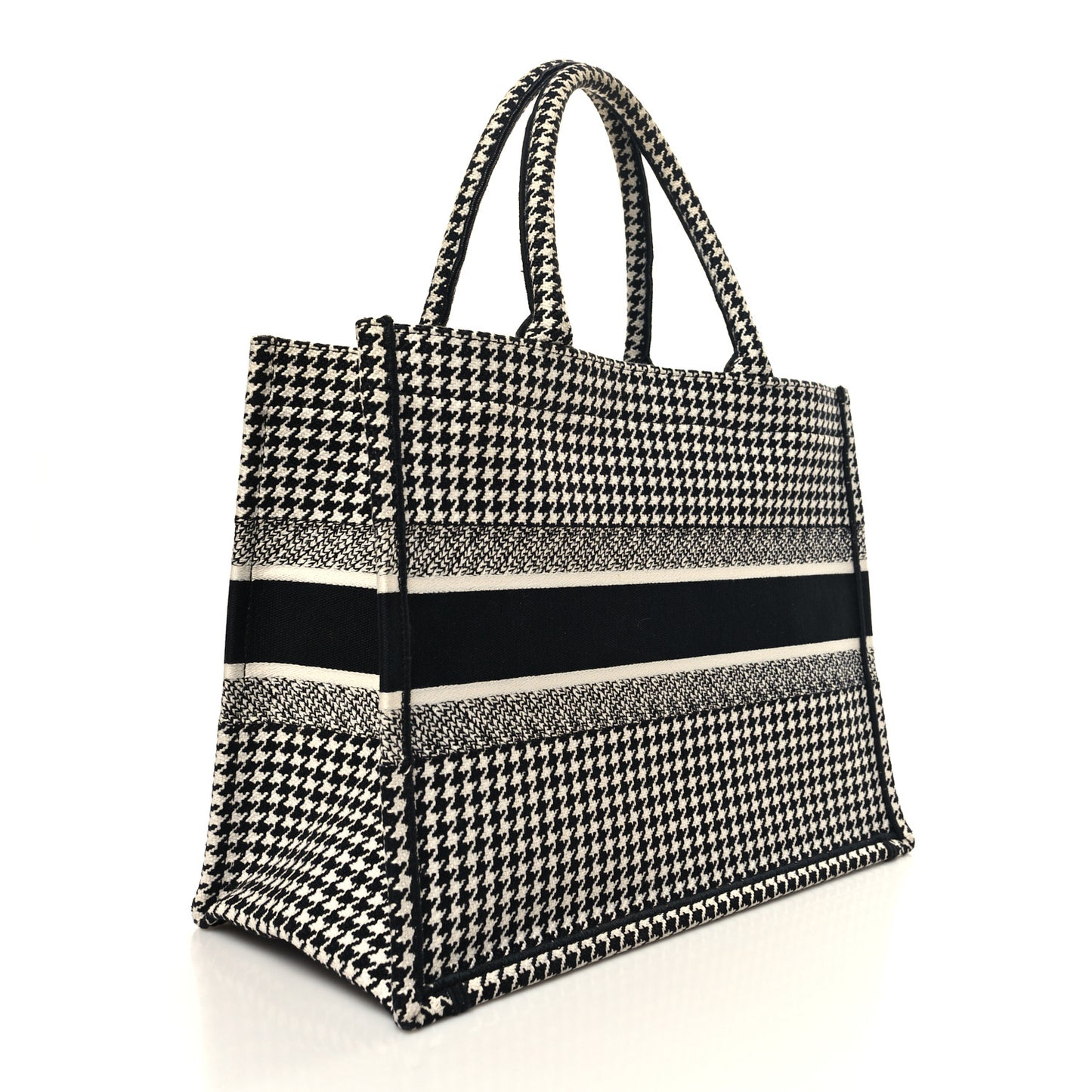 Canvas Houndstooth Embroidered Medium Book Tote Black White