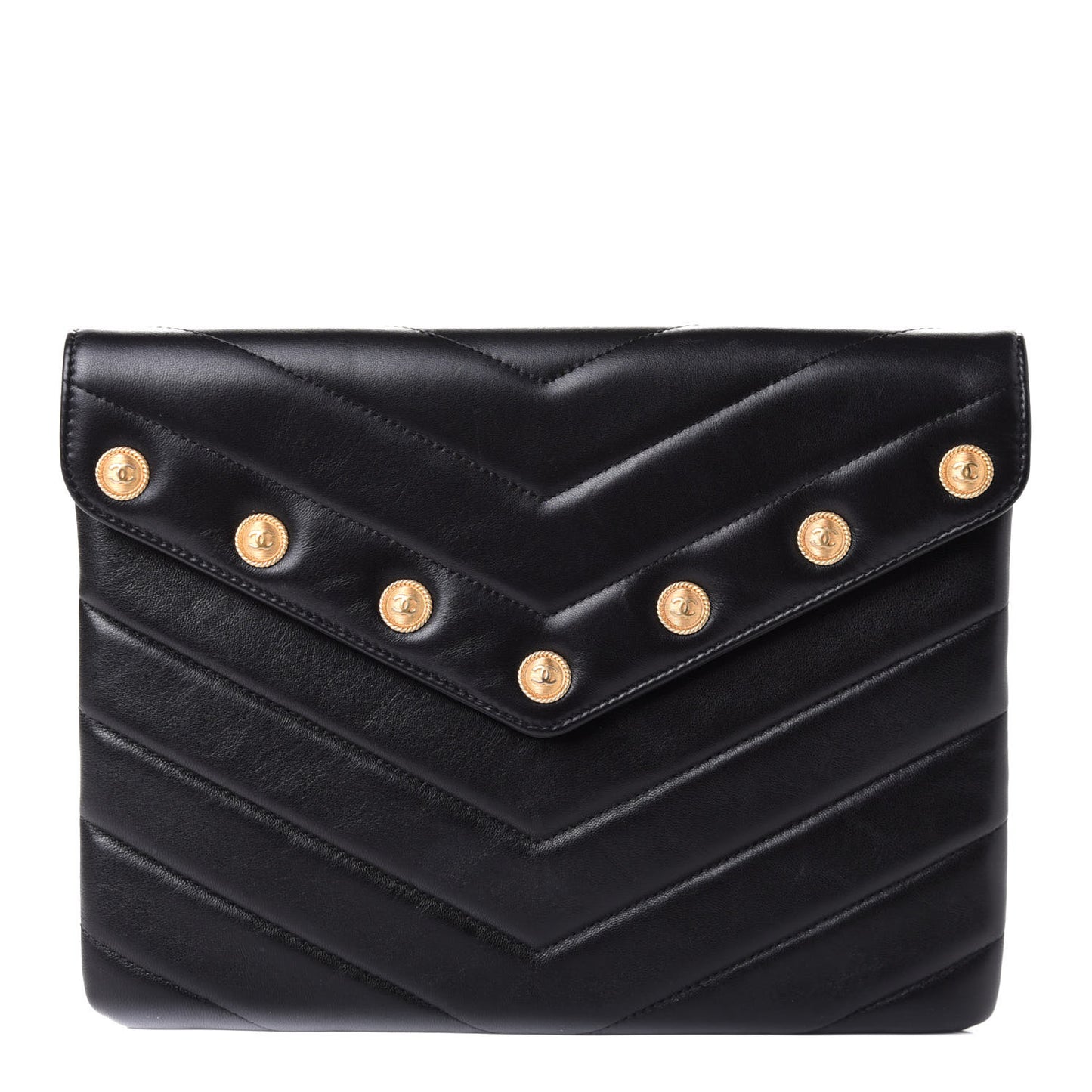 Calfskin Chevron Quilted CC Button Envelope Pouch Black