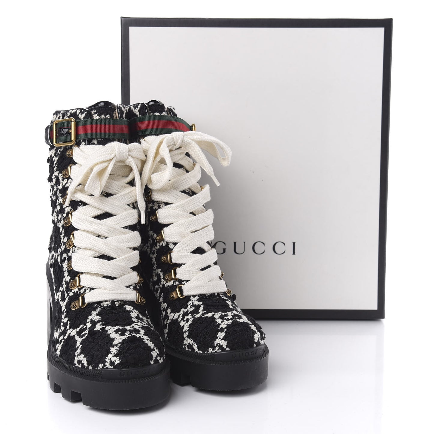 Tweed GG Monogram Lace Up Combat Ankle Boots 41 Black