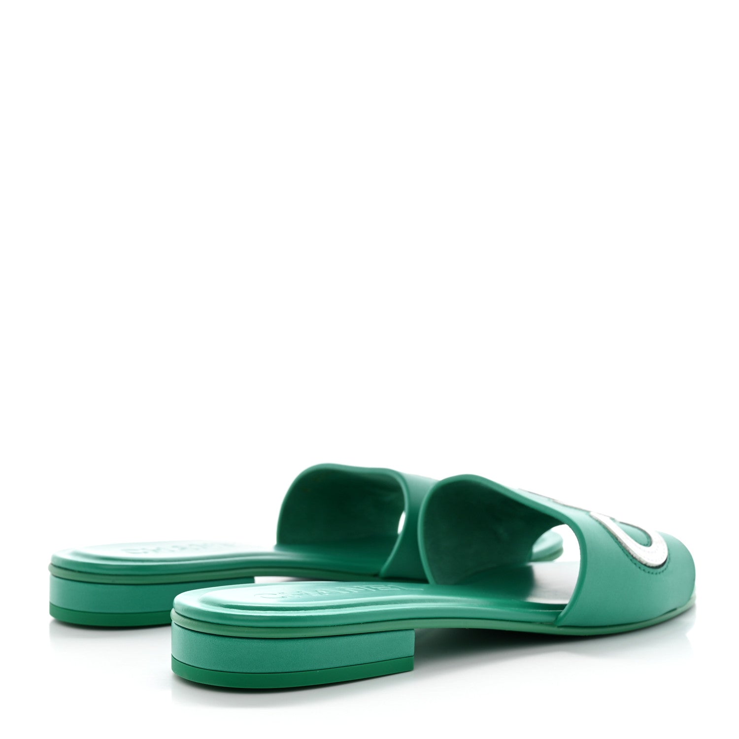 Chanel Calfskin Patent Calfskin Logo Mules 38 Green White 4 of 14
