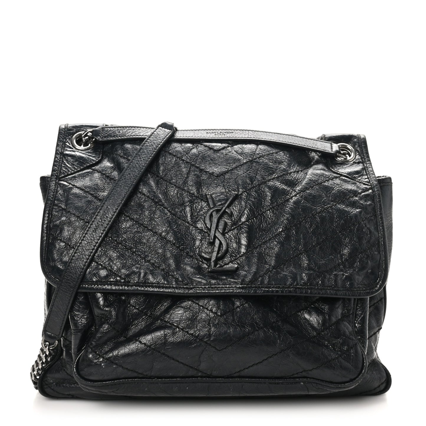 Crinkled Calfskin Matelasse Monogram Large Niki Chain Satchel Black