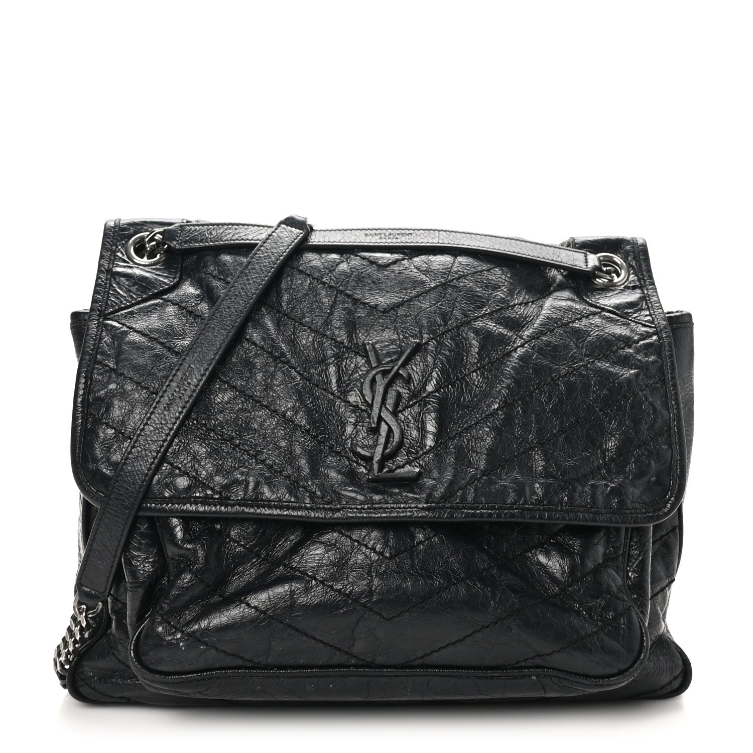 Saint Laurent Crinkled Calfskin Matelasse Monogram Large Niki Chain Satchel Black 1 of 10