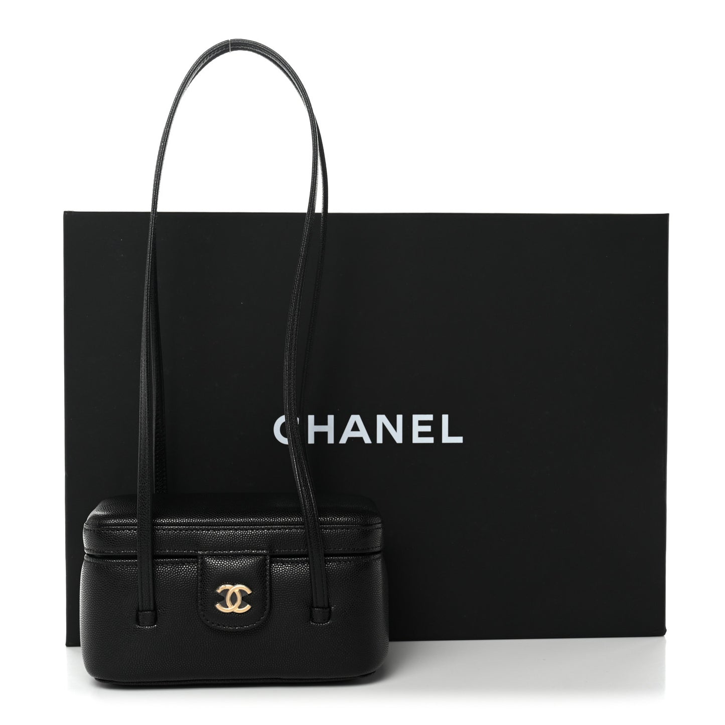 Shiny Caviar Preppy Coco Long Vanity With Strap Black