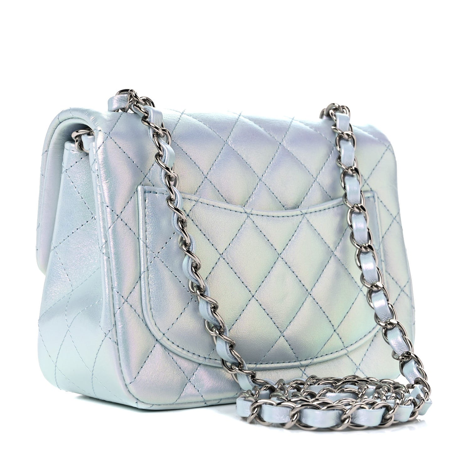 Iridescent Lambskin Quilted Mini Square Flap Light Blue