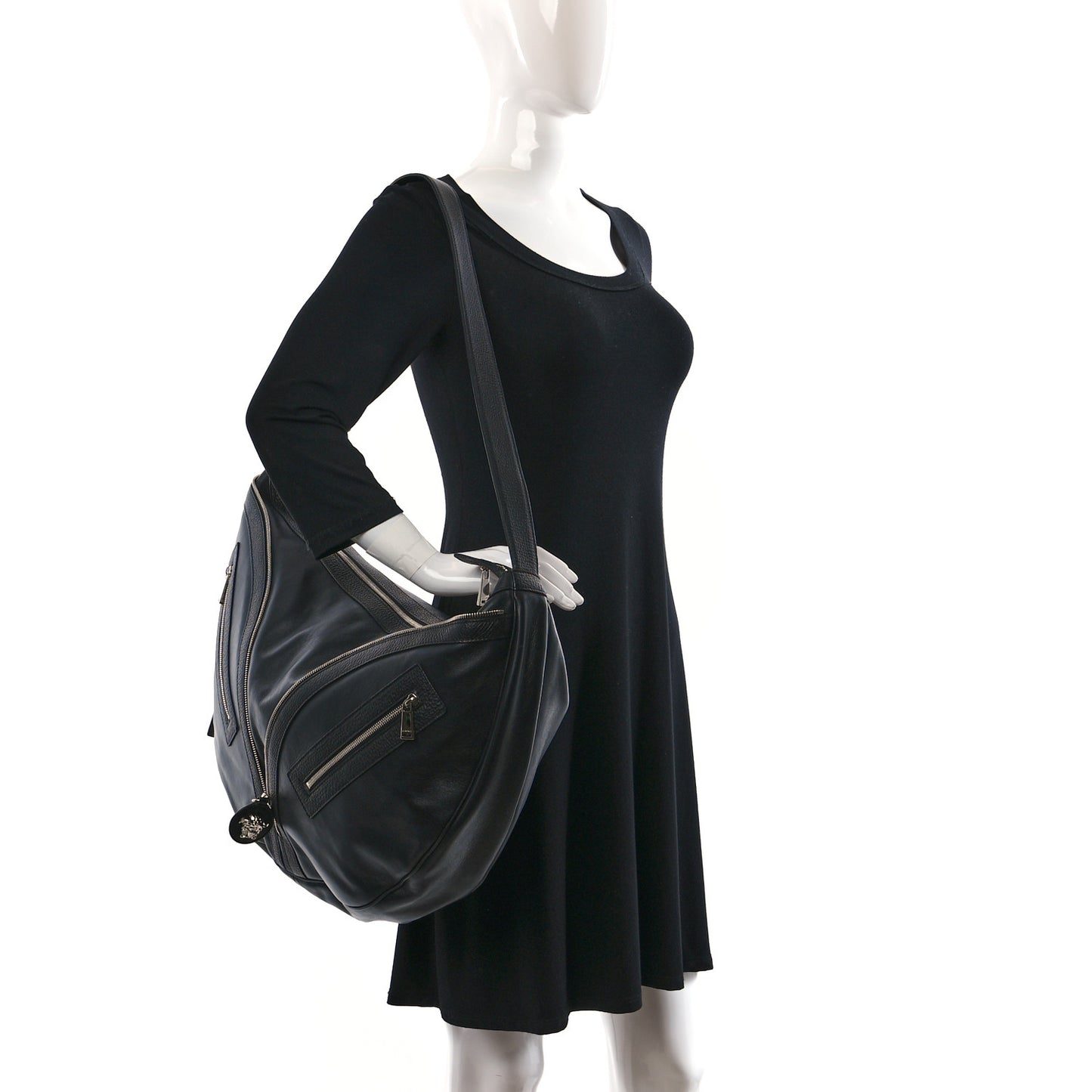 Calfskin Large Repeat Zip Hobo Black