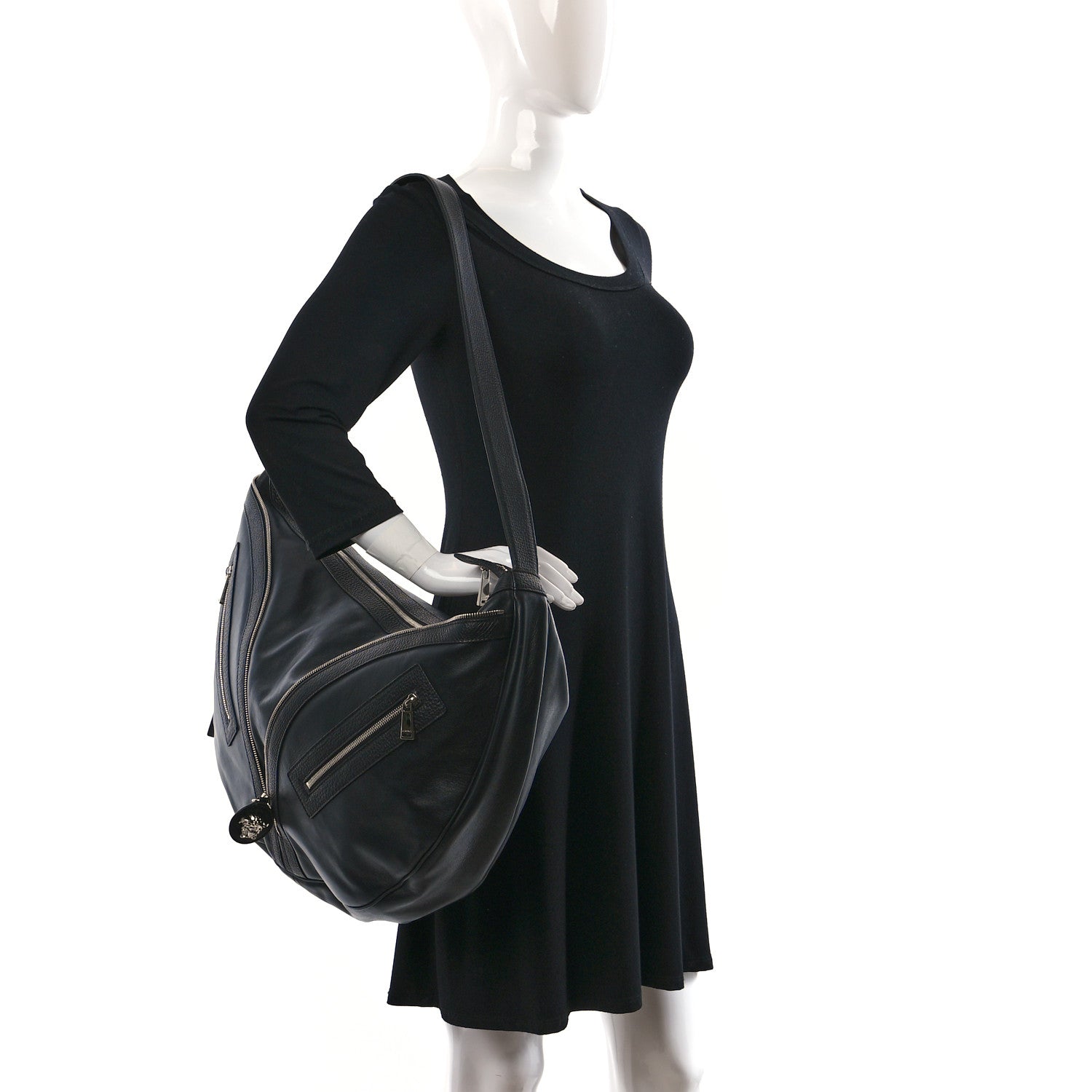 Versace Calfskin Large Repeat Zip Hobo Black 2 of 8