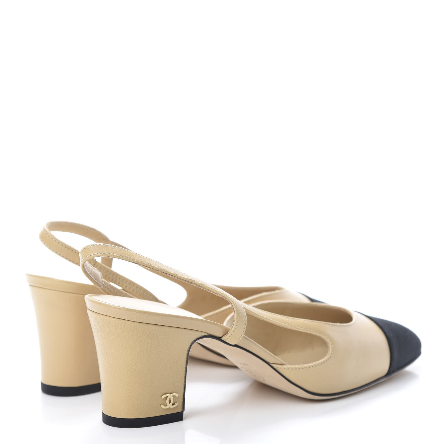 Chanel Goatskin Grosgrain Cap Toe CC Slingback Pumps 36 Beige Black 4 of 9