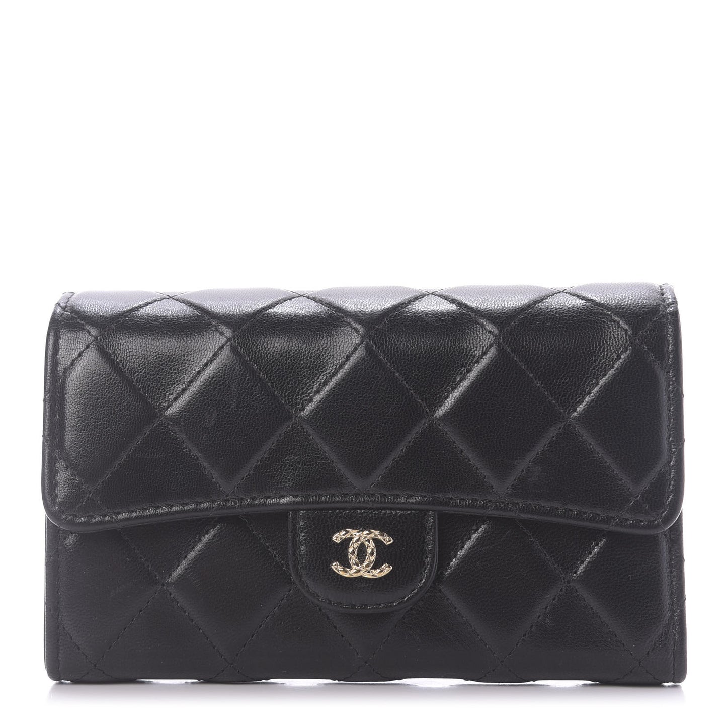 Shiny Goatskin Quilted Medium Flap Wallet Black