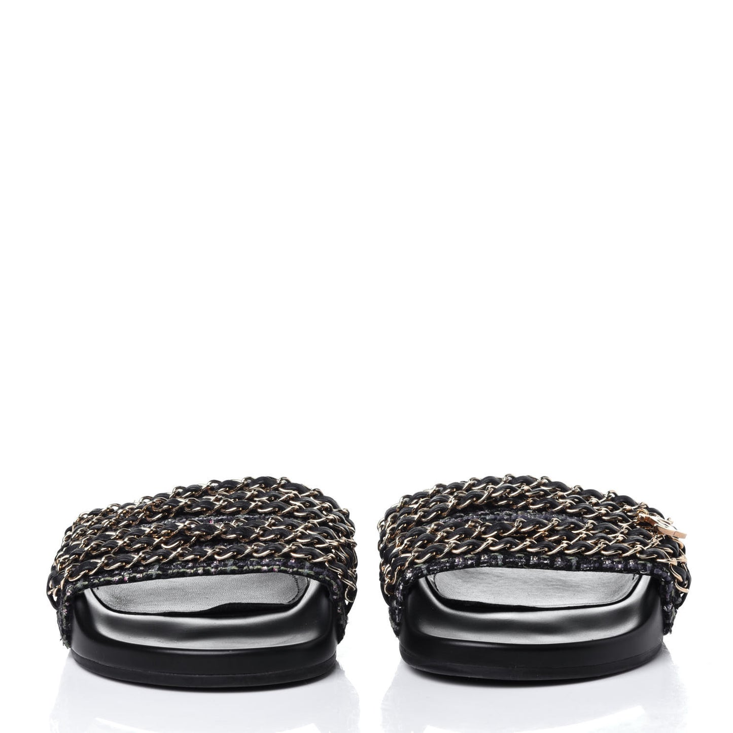 Tweed Lambskin Chain Flat Sandals 39 Black Multicolor