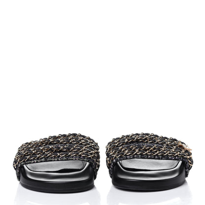 Chanel Tweed Lambskin Chain Flat Sandals 39 Black Multicolor 2 of 11