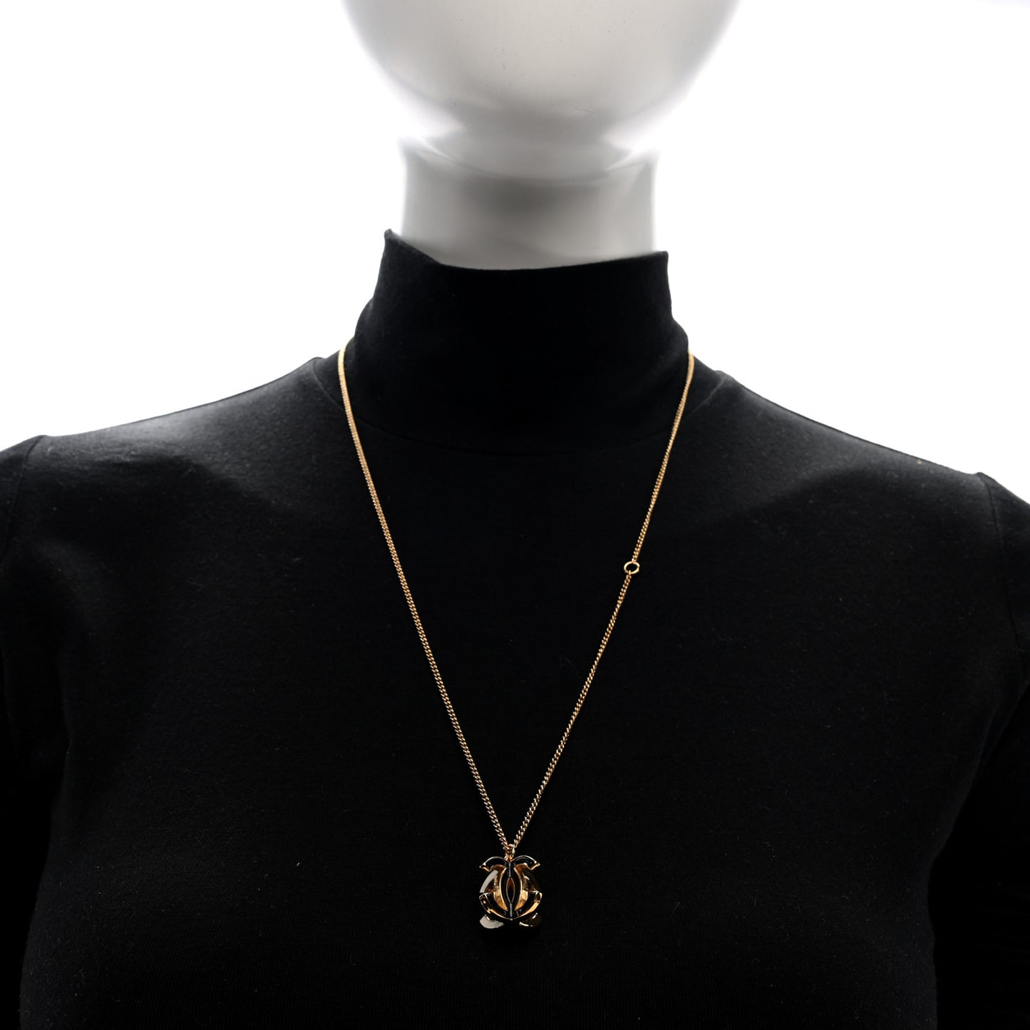 Metal Crystal Enamel CC Pendant Necklace Gold Black White