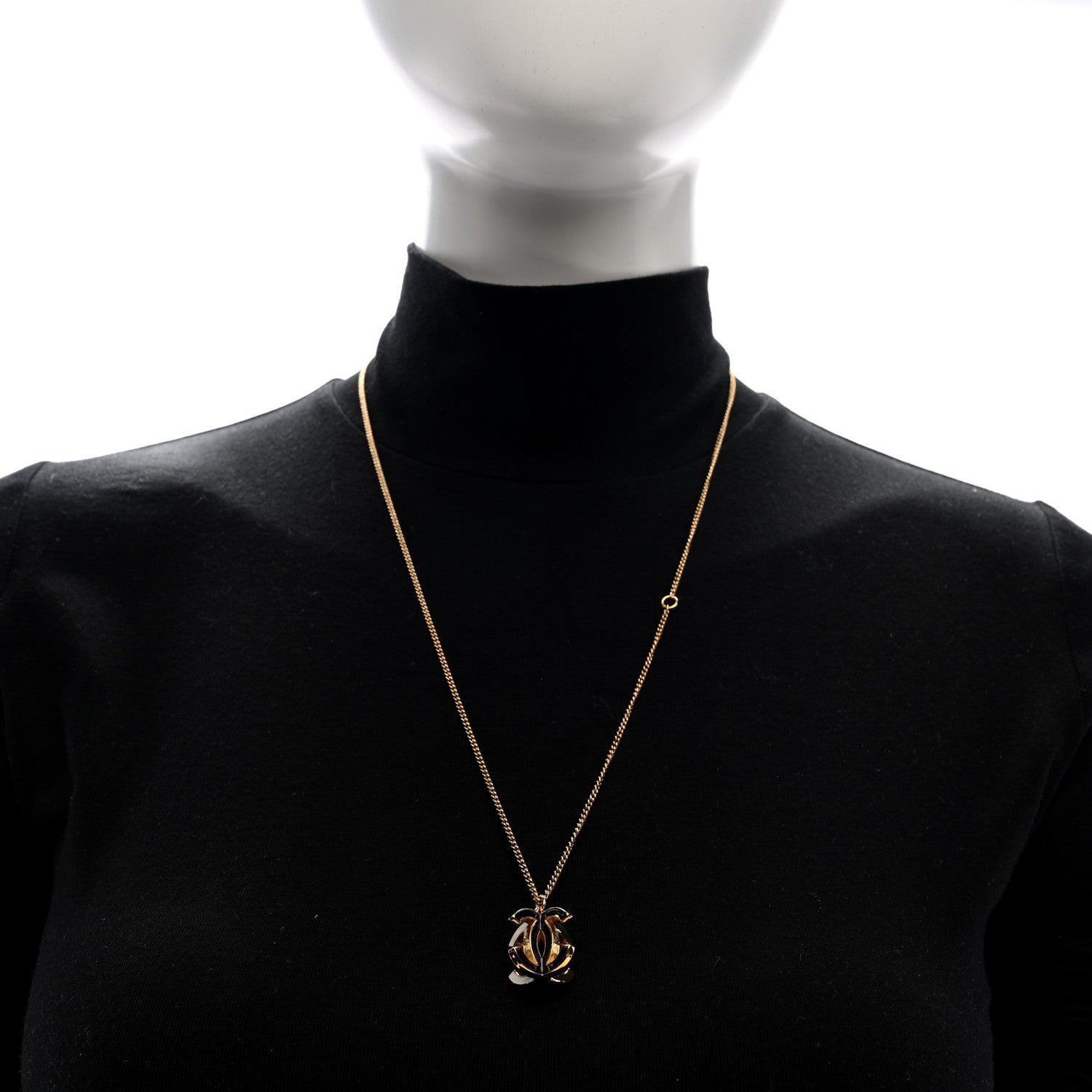 Chanel Metal Crystal Enamel CC Pendant Necklace Gold Black White 2 of 6