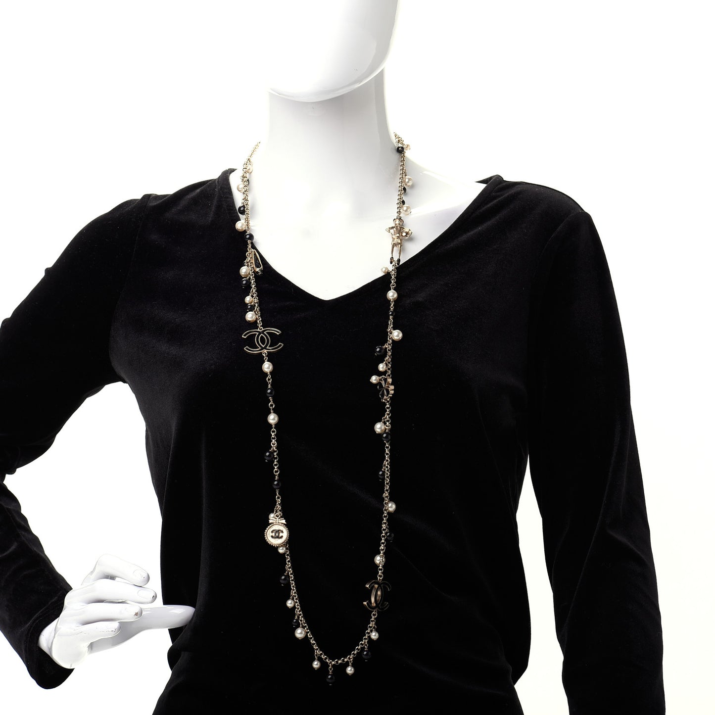 Pearl Beaded Enamel CC Coco Long Necklace Black Gold