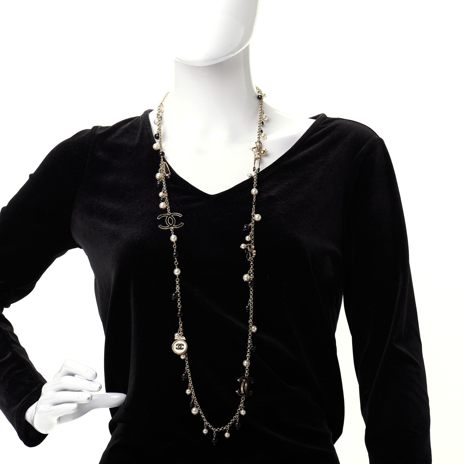 Chanel Pearl Beaded Enamel CC Coco Long Necklace Black Gold 2 of 6