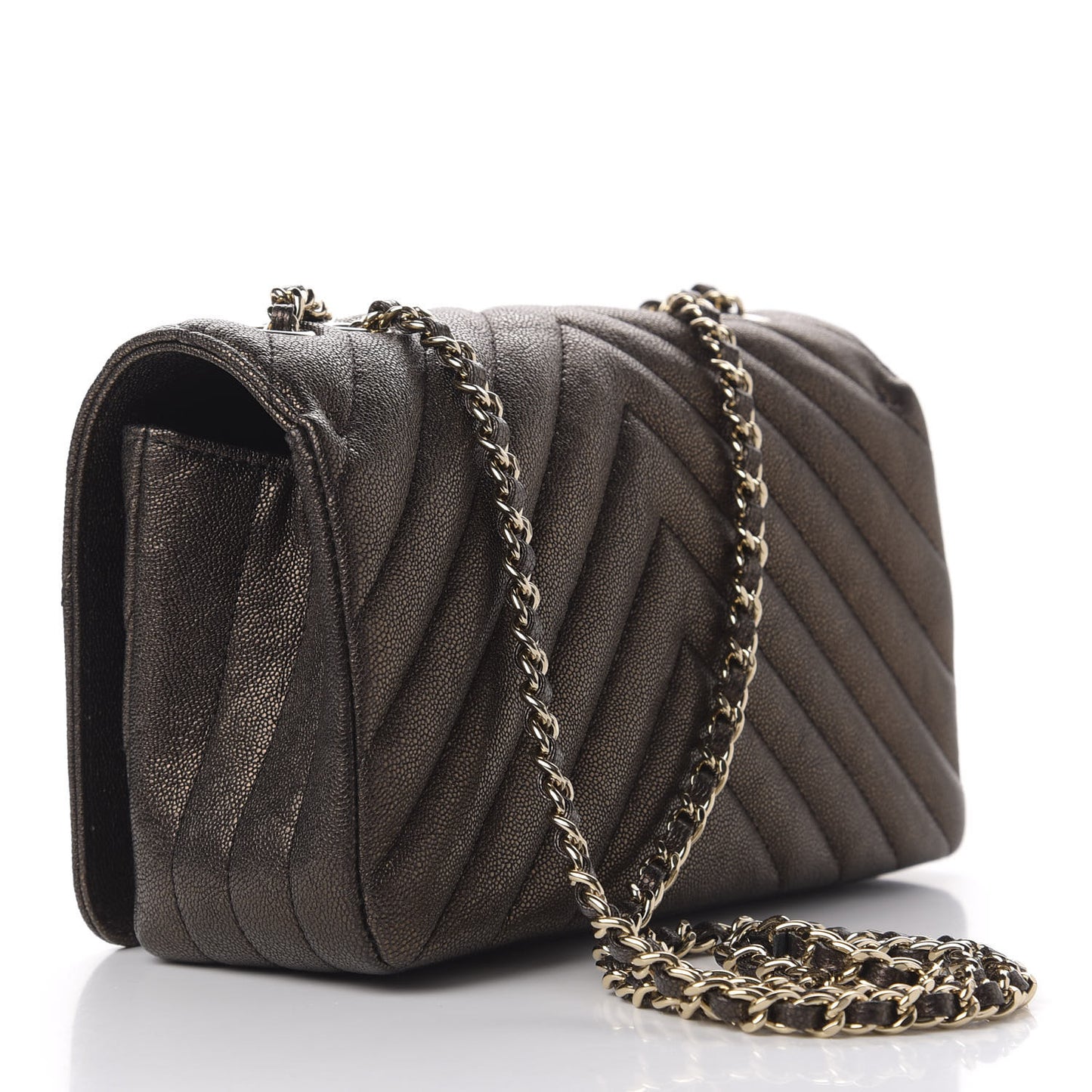 Metallic Caviar Chevron Quilted Mini Statement Flap Bronze