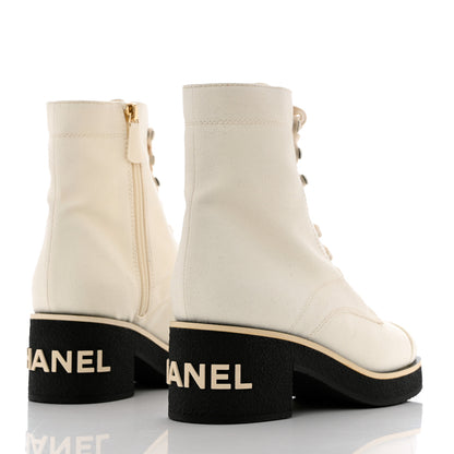 Chanel Fabric CC Lace Up Boots 39.5 White 4 of 9