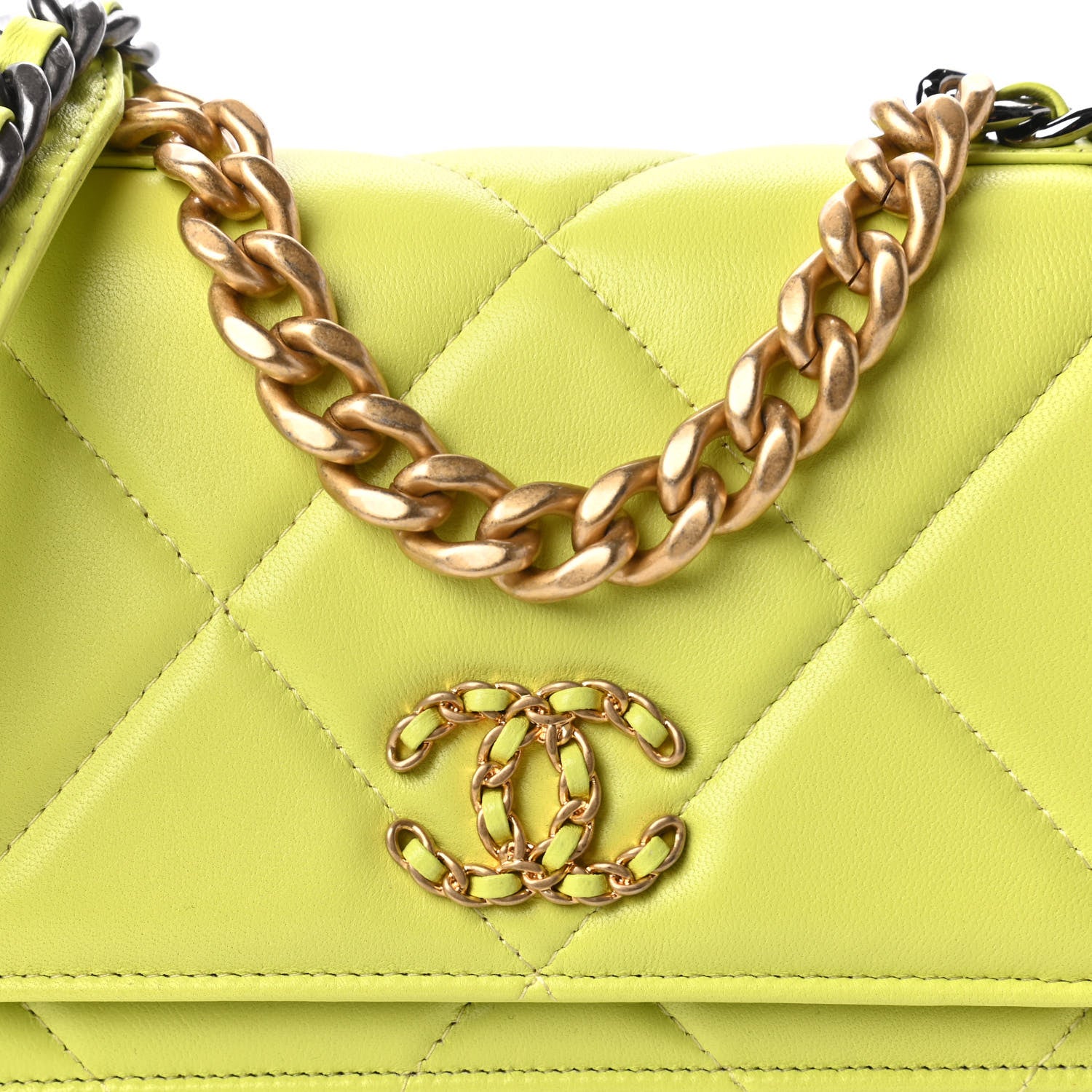 Chanel Shiny Lambskin Quilted Chanel 19 Wallet On Chain WOC Neon Yellow 11 of 12