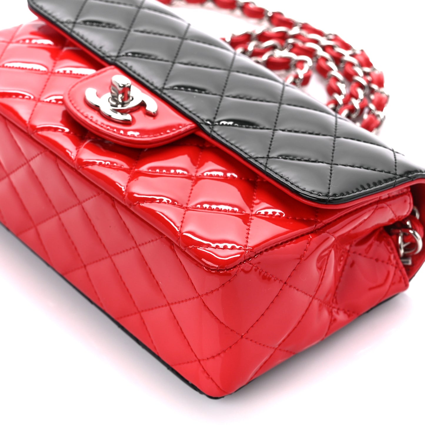 Patent Calfskin Quilted Bi-Color Mini Rectangular Flap Red Black