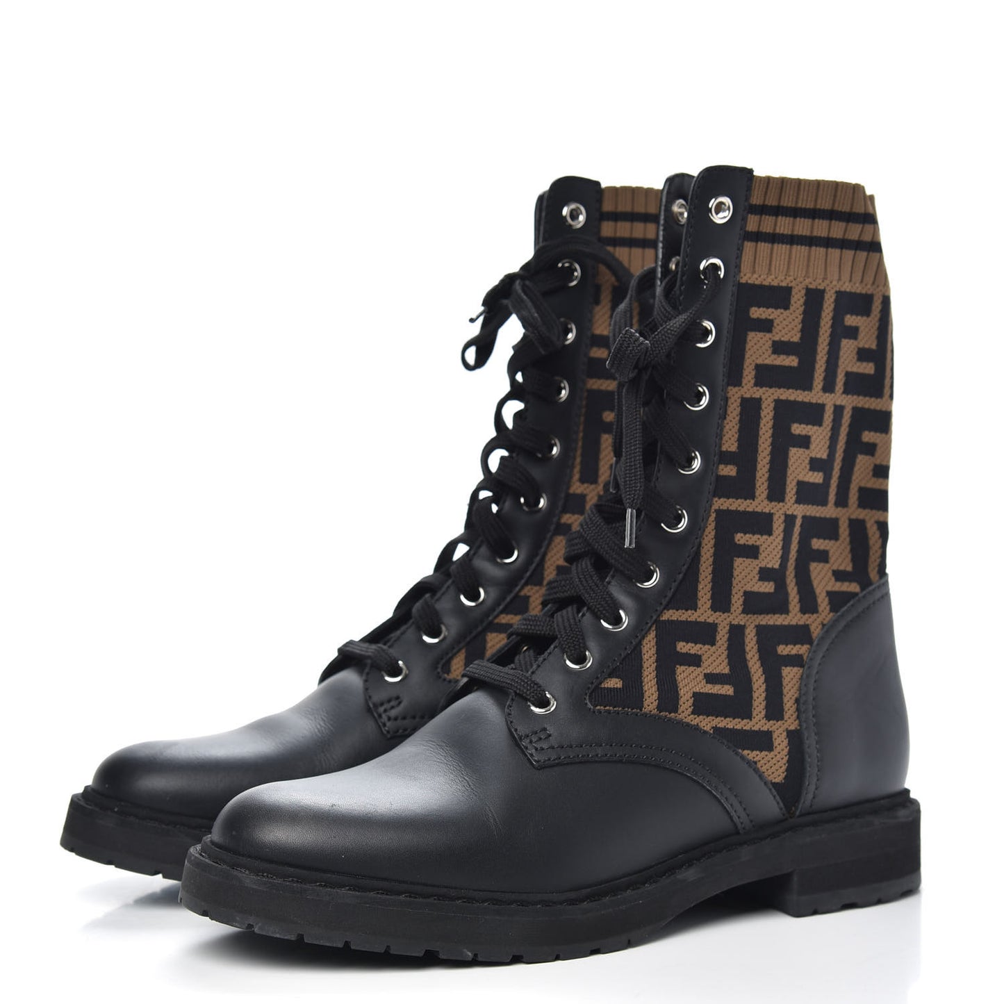 Calfskin Stretch Fabric FF Rockoko Biker Boots 38.5 Black Tobacco