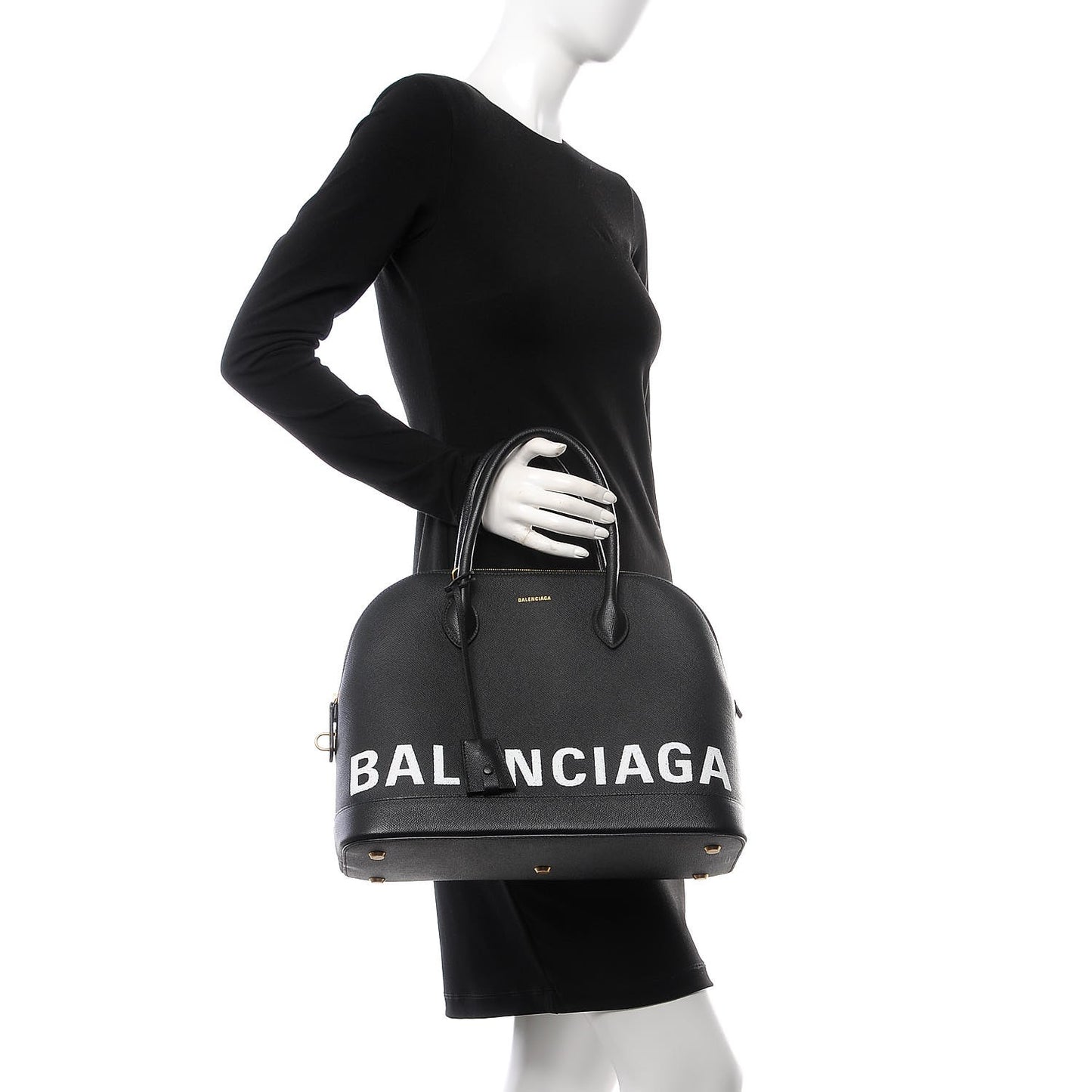 Signature Grained Calfskin Logo M Ville Top Handle Bag Black