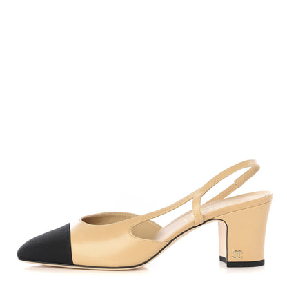 Chanel Goatskin Grosgrain Cap Toe CC Slingback Pumps 39.5 Beige Black 1 of 8