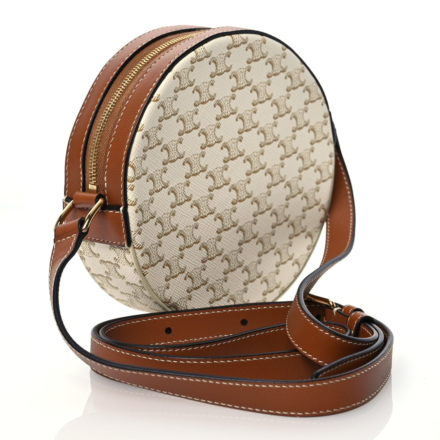 Lambskin Triomphe Canvas Round Purse On Strap White Tan