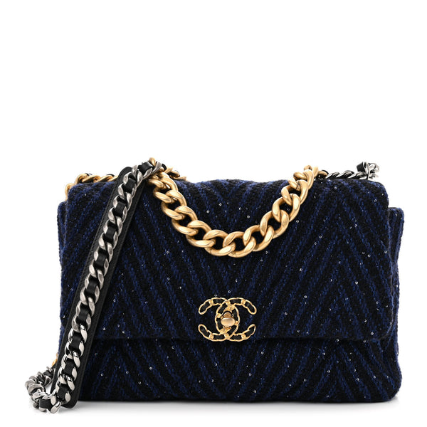 Chanel Tweed Sequin Quilted Large Chanel 19 Flap Blue Multicolor