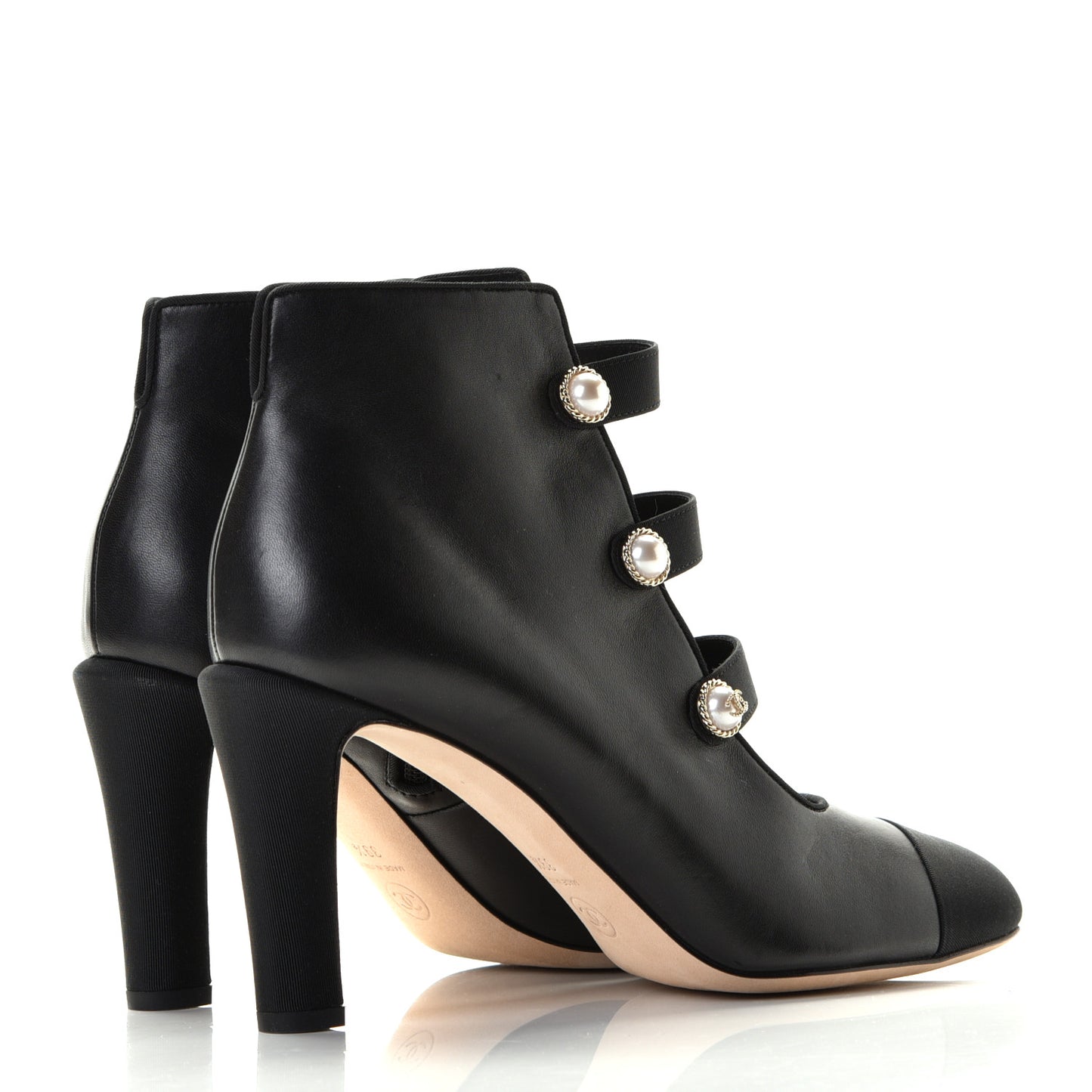 Lambskin Grosgrain Cap Toe Pearl Ankle Boots 39.5 Black