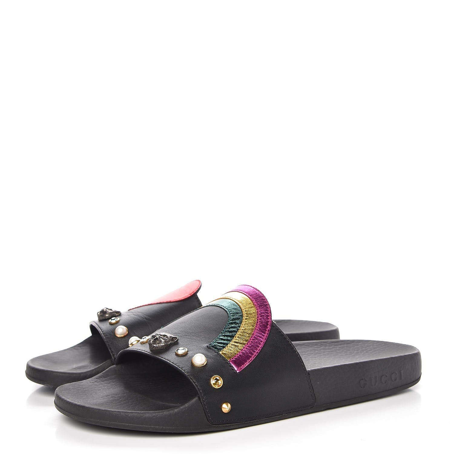Gucci Calfskin Rainbow Heart Pursuit Slide Sandals 39 Black 3 of 10