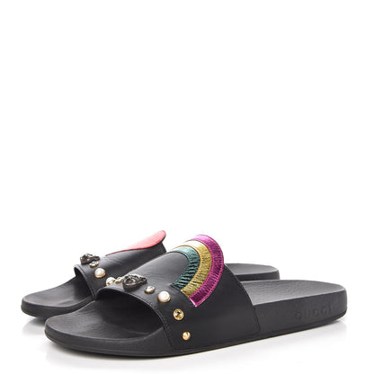 Gucci Calfskin Rainbow Heart Pursuit Slide Sandals 39 Black 3 of 10