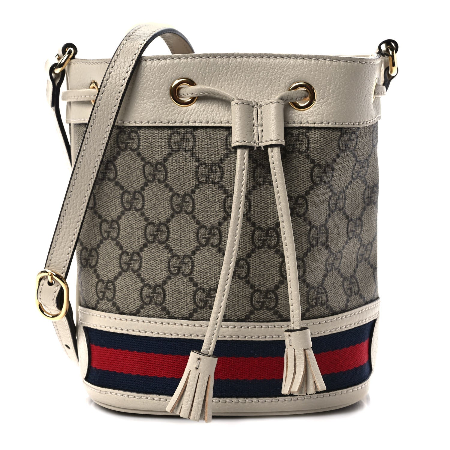 Gucci GG Supreme Monogram Textured Calfskin Web Mini Ophidia Bucket Bag Beige Ebony Mystic White 1 of 9
