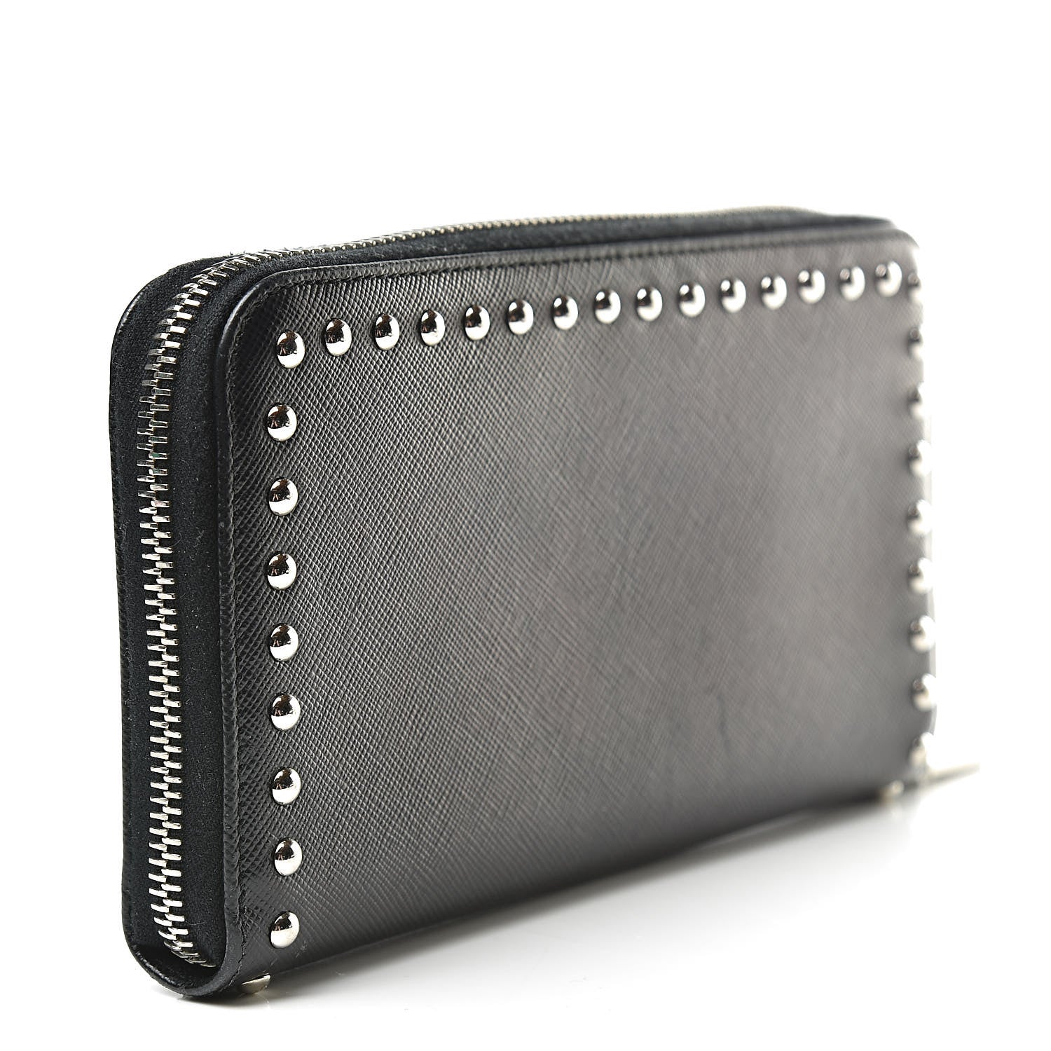 Prada Saffiano Studded Zip Around Wallet Black 3 of 9