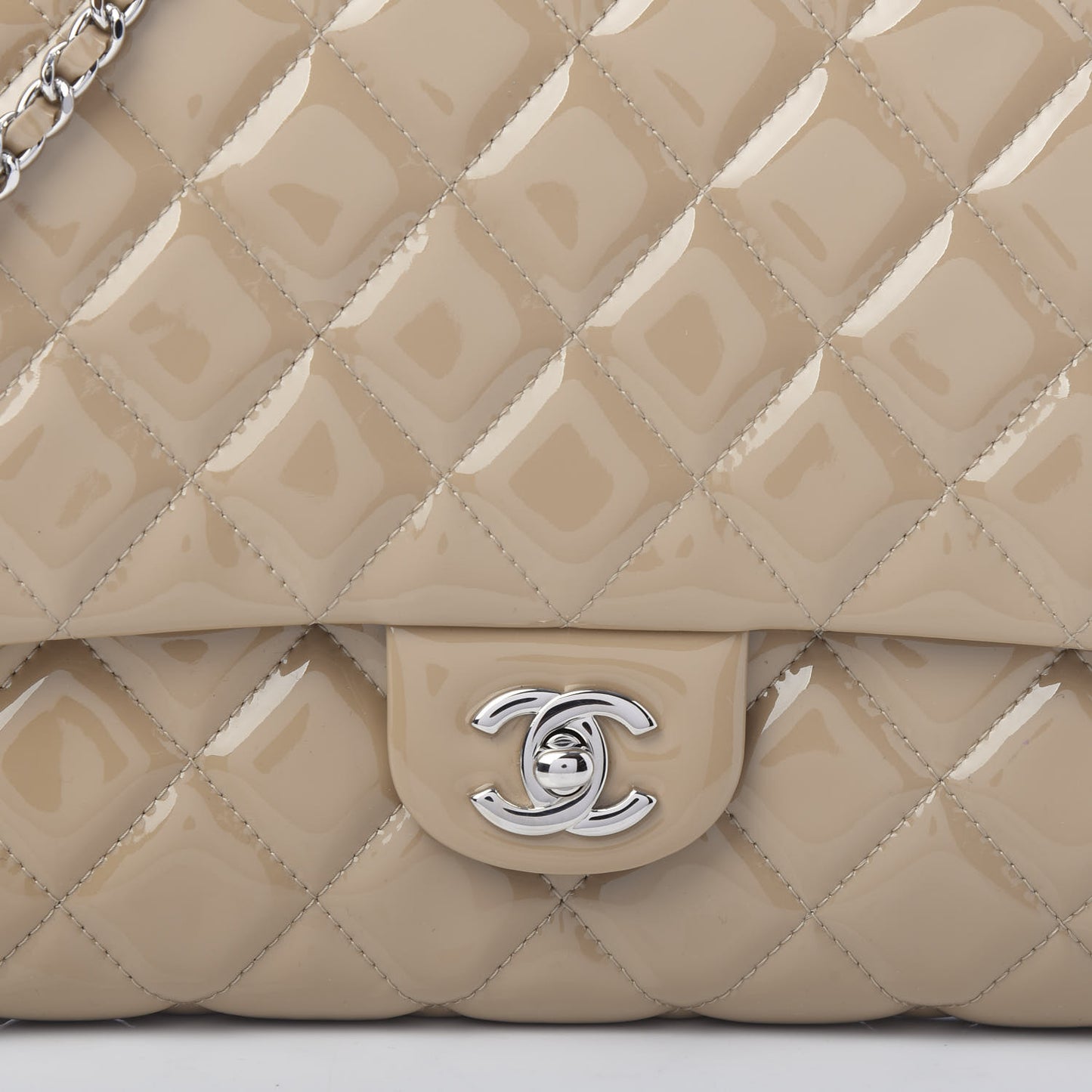 Patent Quilted Clutch with Chain Flap Beige