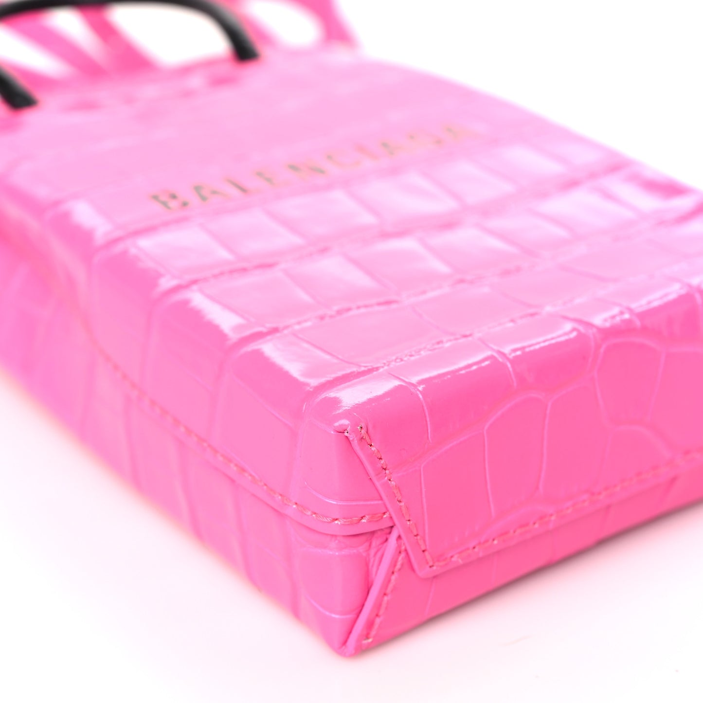 Shiny Calfskin Crocodile Embossed Logo Shopping Phone Holder Bag Pink Black