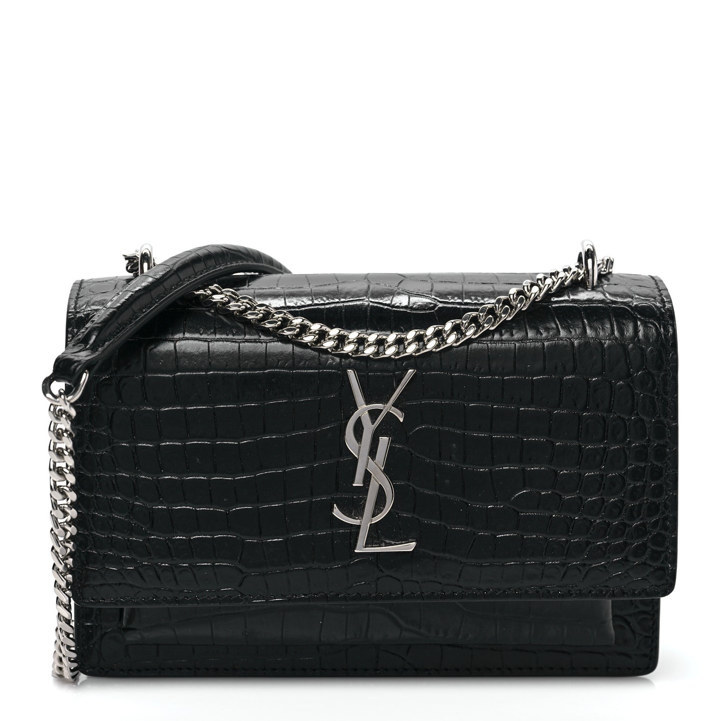 Calfskin Crocodile Embossed Monogram Sunset Chain Wallet Black
