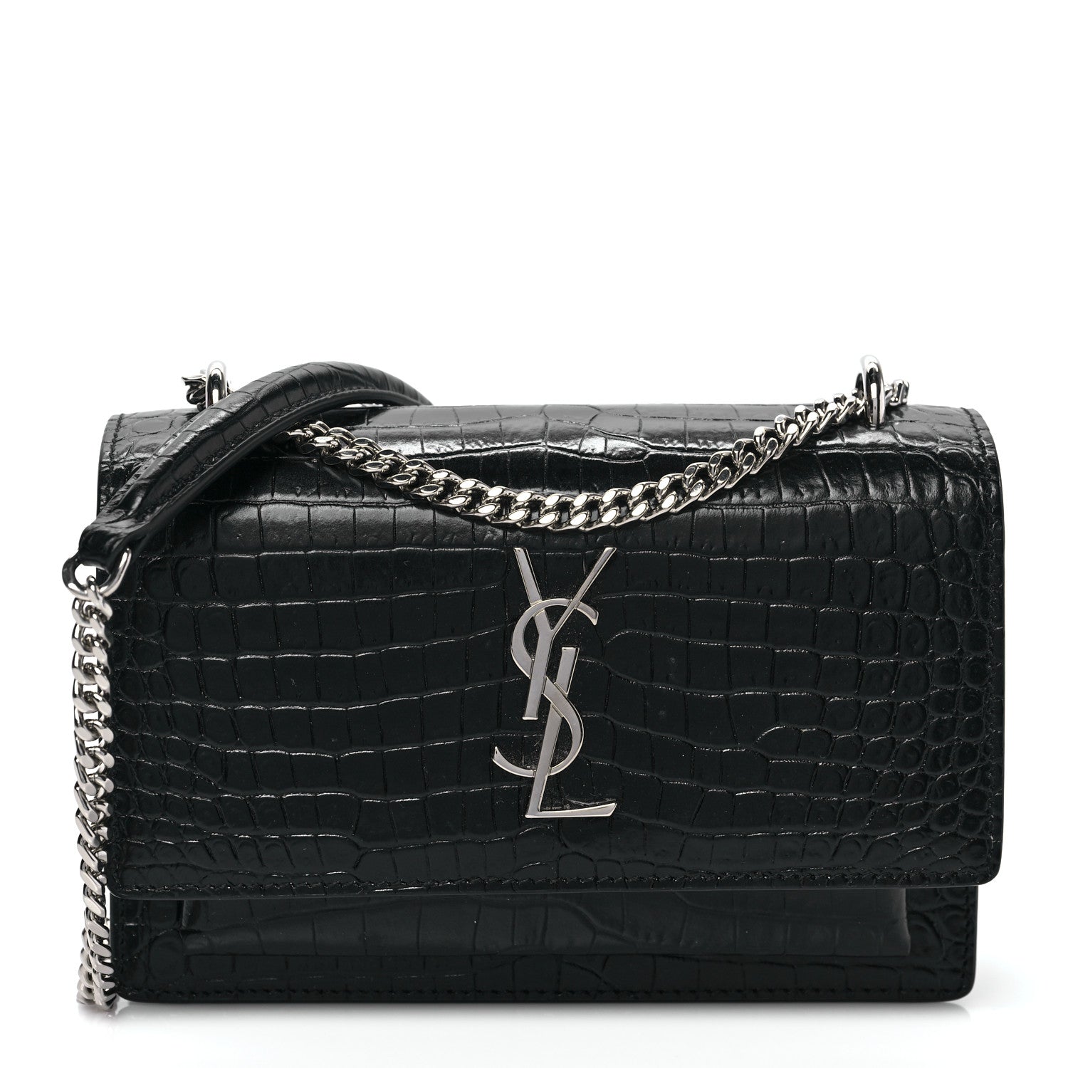 Saint Laurent Calfskin Crocodile Embossed Monogram Sunset Chain Wallet Black 1 of 8