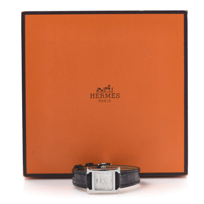 Hermes Stainless Steel Alligator Diamond Mother of Pearl 17.2mm Heure H Hour Quartz Watch Noir 9 of 9