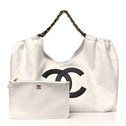 Chanel Denim Calfskin Quilted Coco Beach Small Shopping Tote White Black 3 of 11