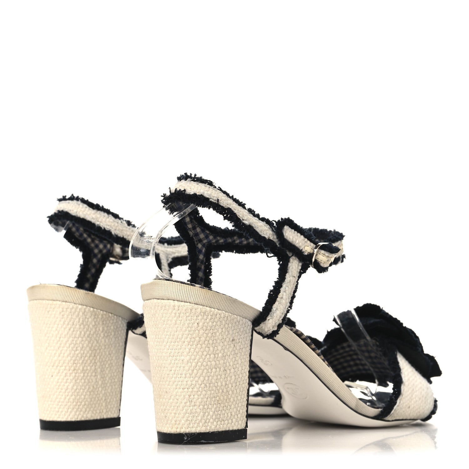 Chanel Tweed Camelia CC Block Heel Sandals 38 Ecru Black 5 of 9