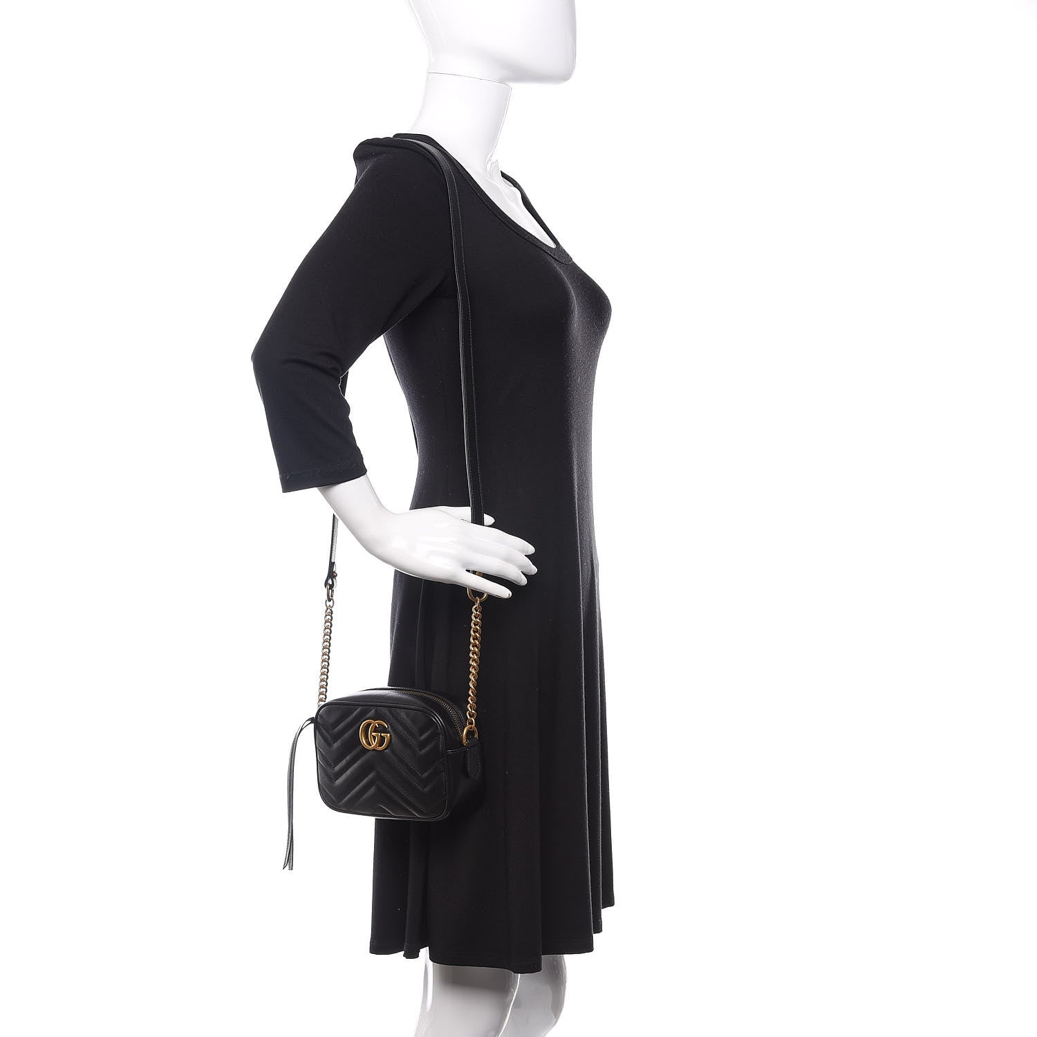 Gucci Calfskin Matelasse Mini GG Marmont Chain Shoulder Bag Black 2 of 10