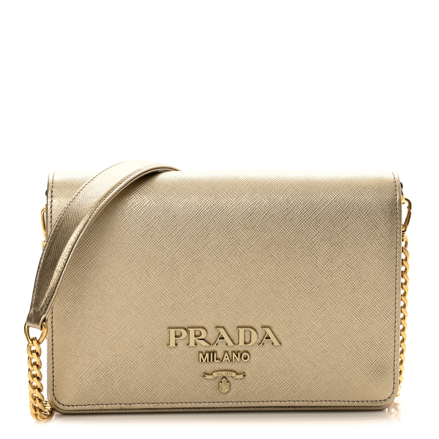 Metallic Saffiano Lux Chain Wallet Pirite