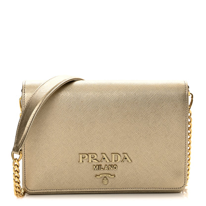 Prada Metallic Saffiano Lux Chain Wallet Pirite 1 of 9