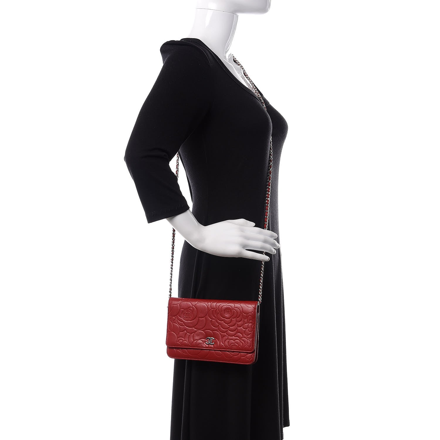 Chanel Lambskin Camellia Embossed Wallet On Chain WOC Dark Red 2 of 13