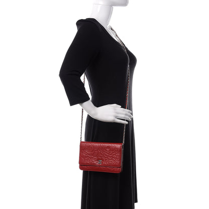 Chanel Lambskin Camellia Embossed Wallet On Chain WOC Dark Red 2 of 13