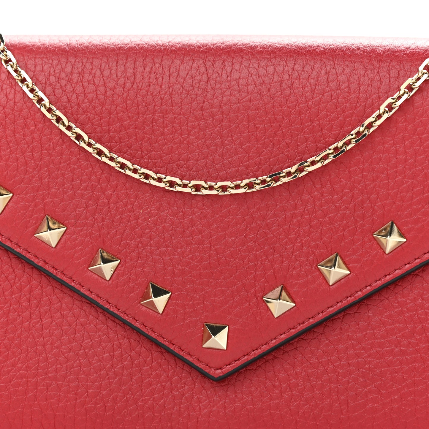 Pebbled Calfskin Rockstud Envelope Wallet on Chain Rosso Valentino