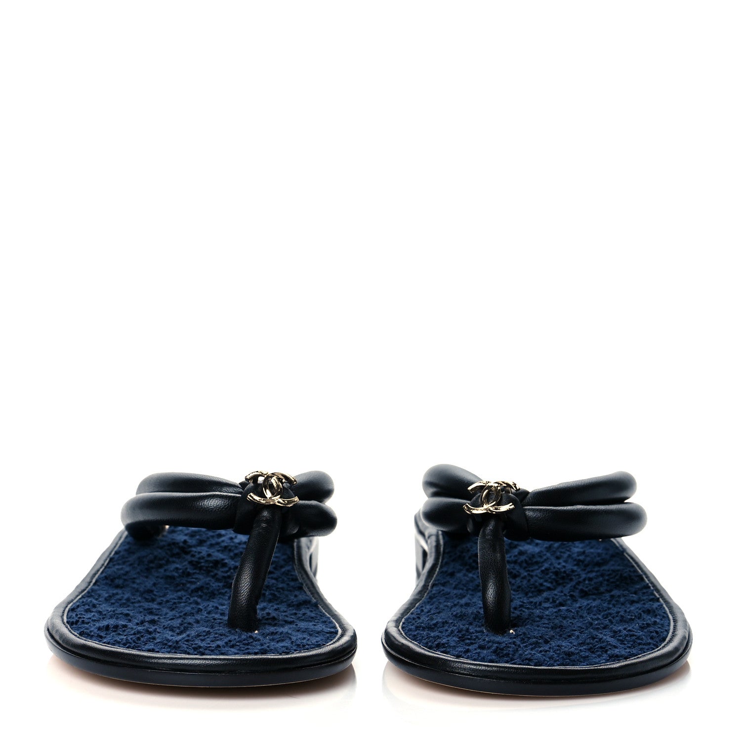 Chanel Lambskin Fabric CC Thong Sandals 38 Black Dark Navy 2 of 8