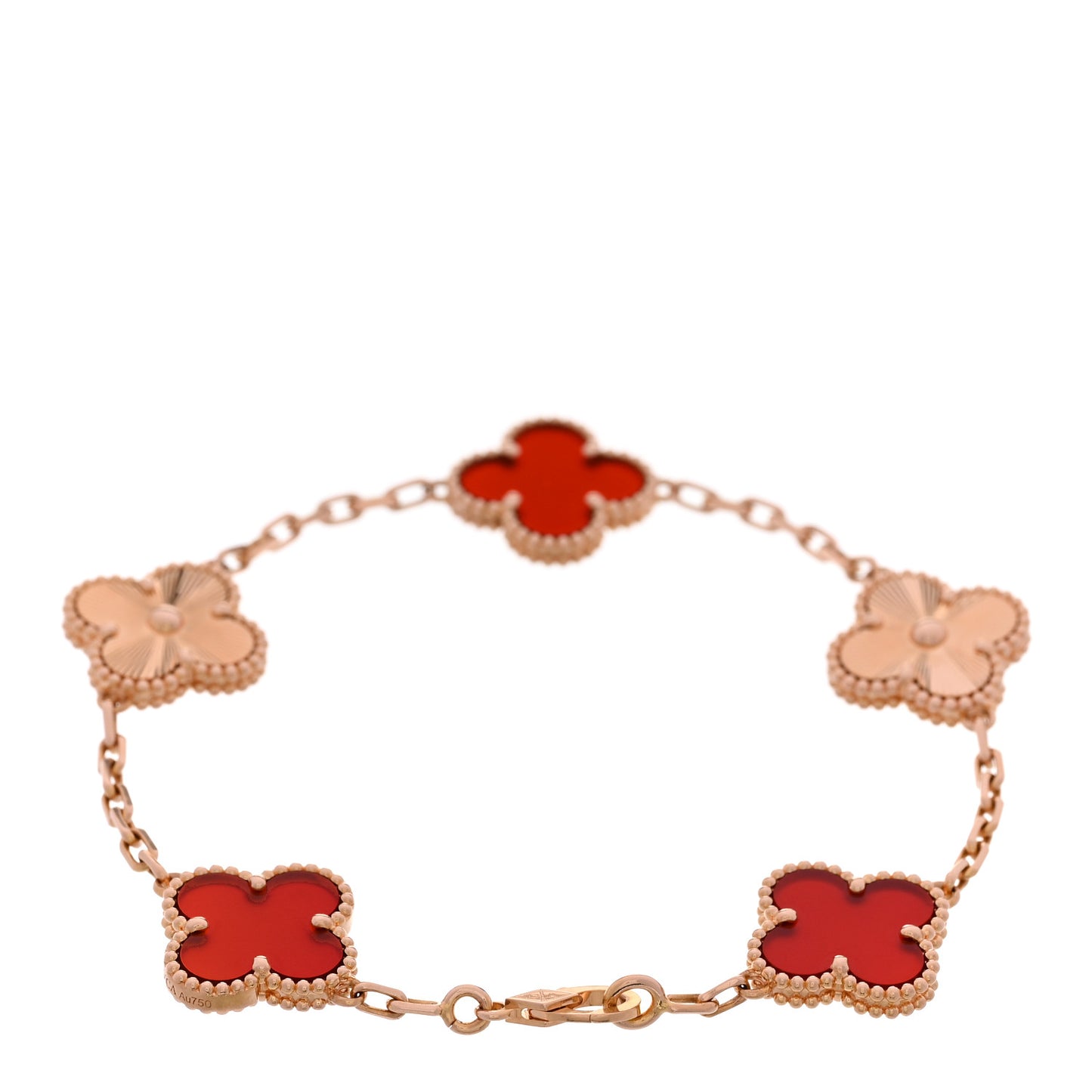 18K Rose Gold Carnelian 5 Motifs Guilloche Vintage Alhambra Bracelet