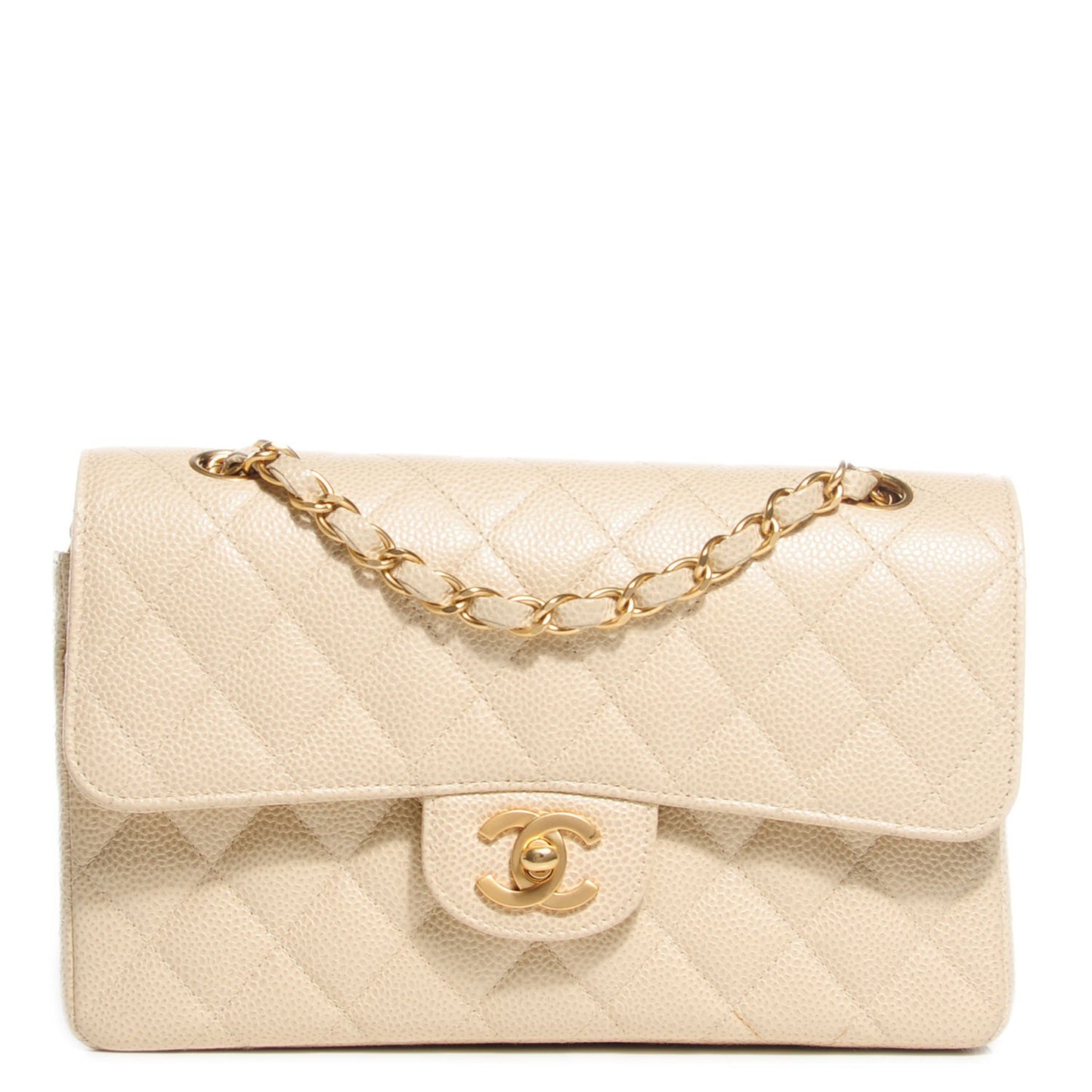 Caviar Quilted Small Double Flap Beige Clair